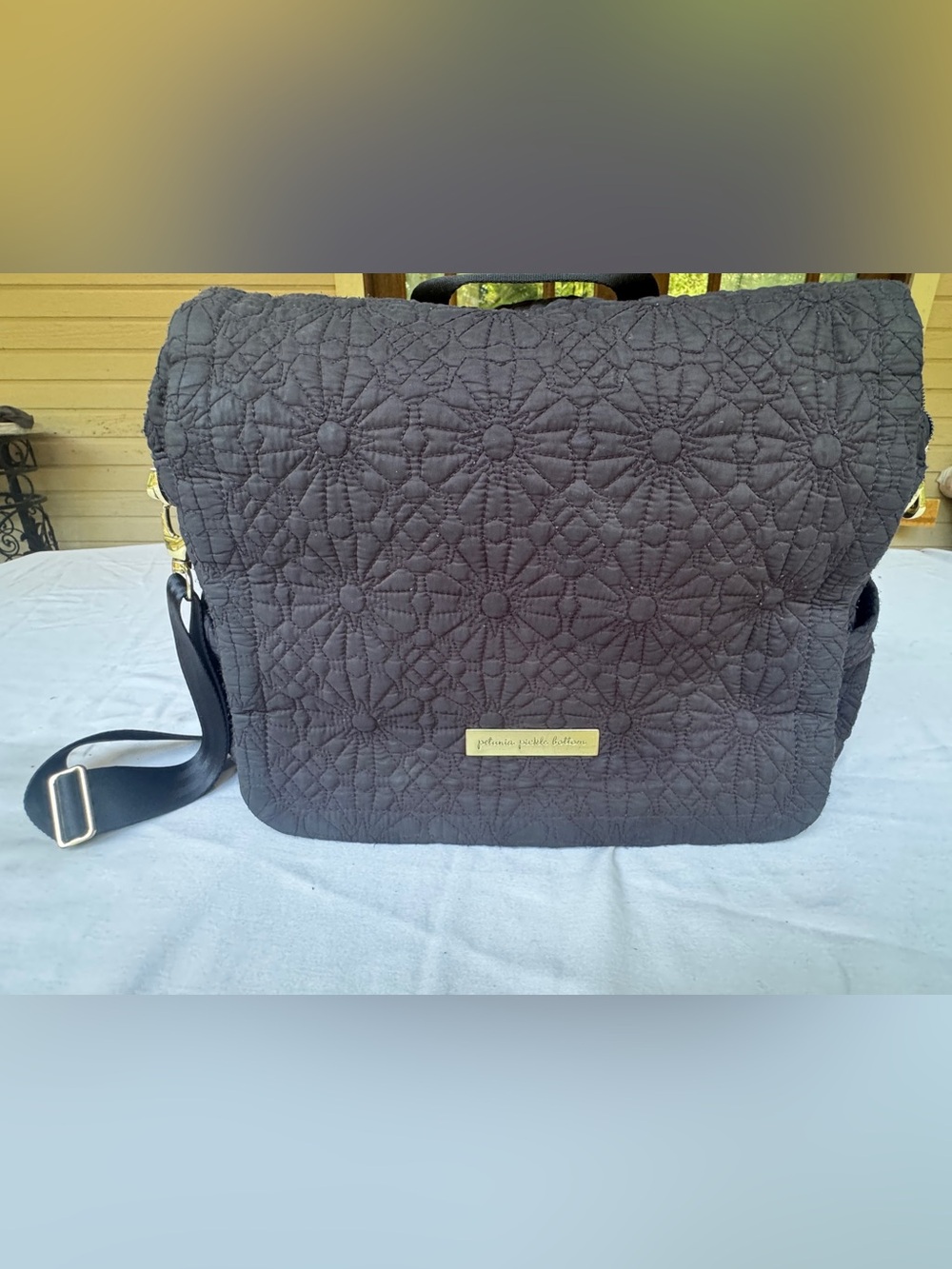 Petunia Pickle Bottom Black quilt gold accents Back pack Diaper bag